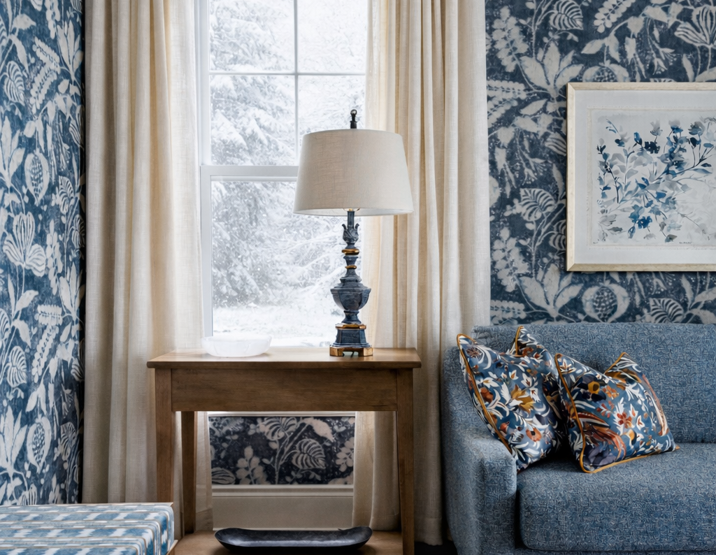 Une chambre avec une vue sur la neige au travers de la fenêtre