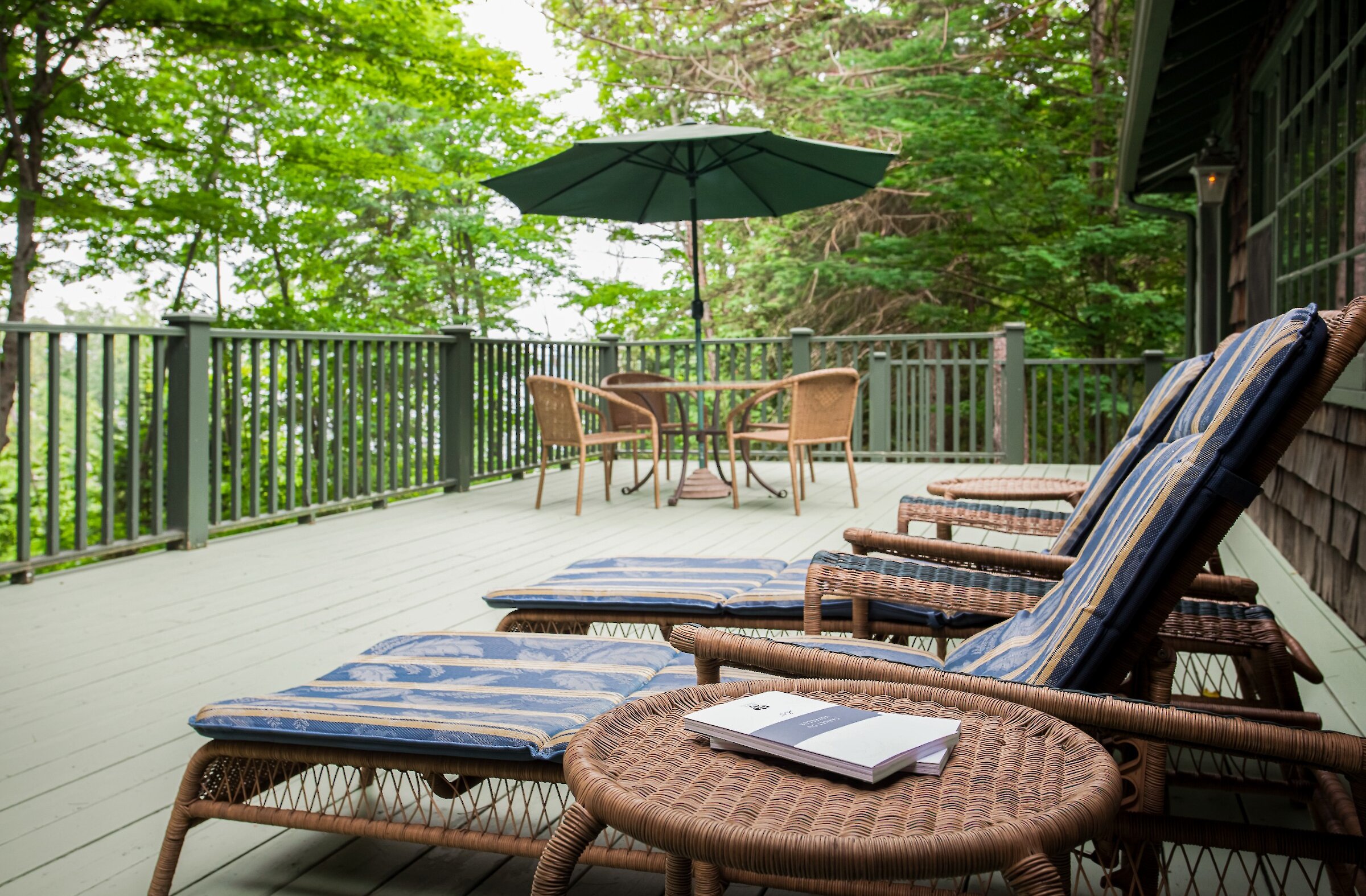 Private terrace with loungers and a dining area, surrounded by forest.