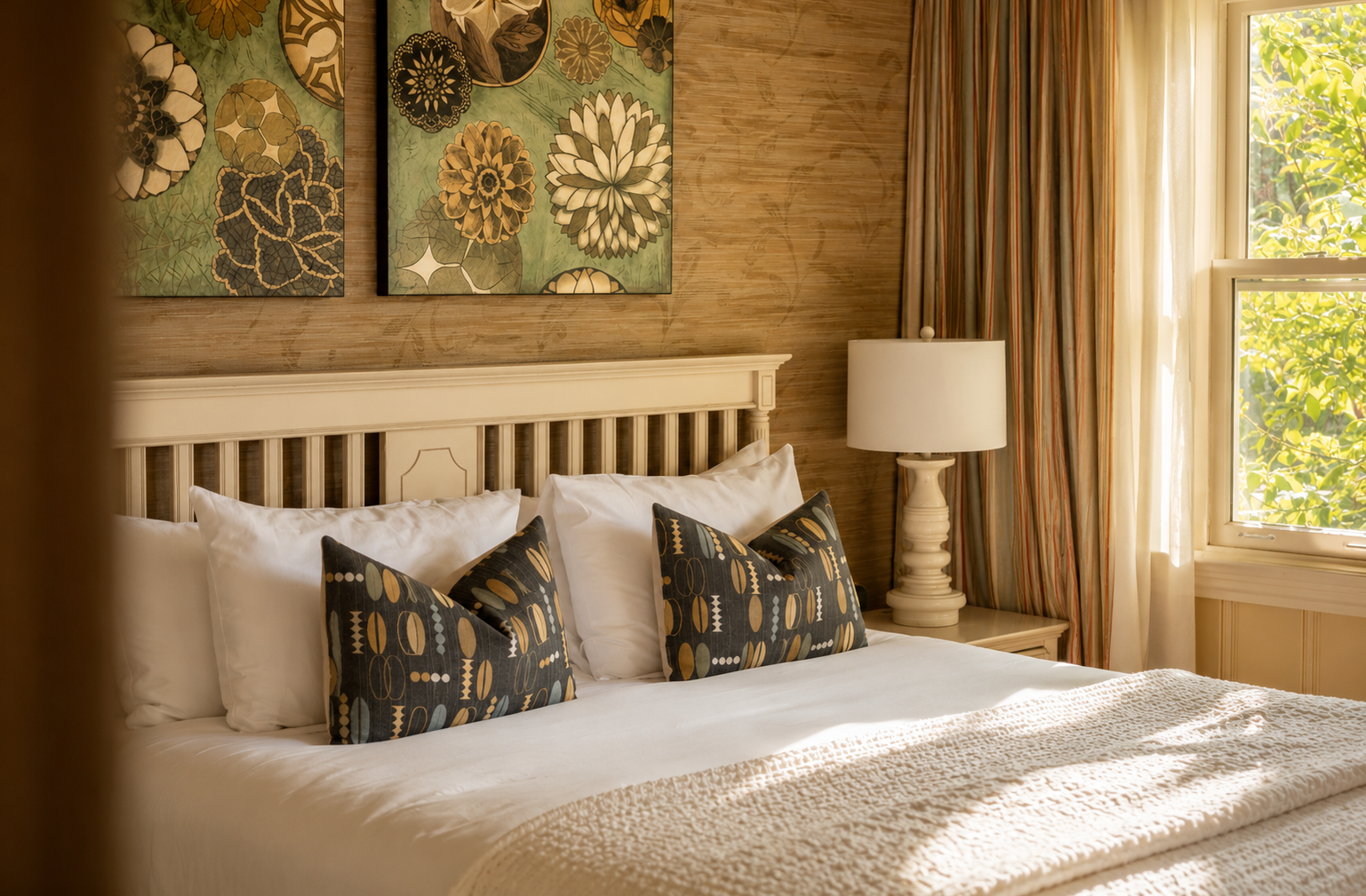 Chambre avec lit king et vue sur les jardins.