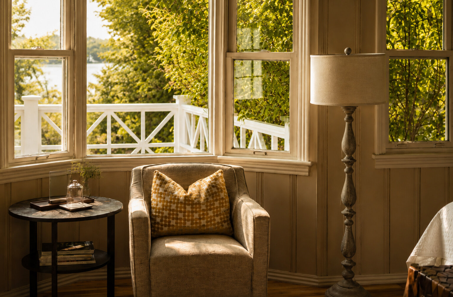 Une chambre lumineuse et accueillante offrant un mobilier élégant, une abondante lumière naturelle et des vues sur le paysage environnant.