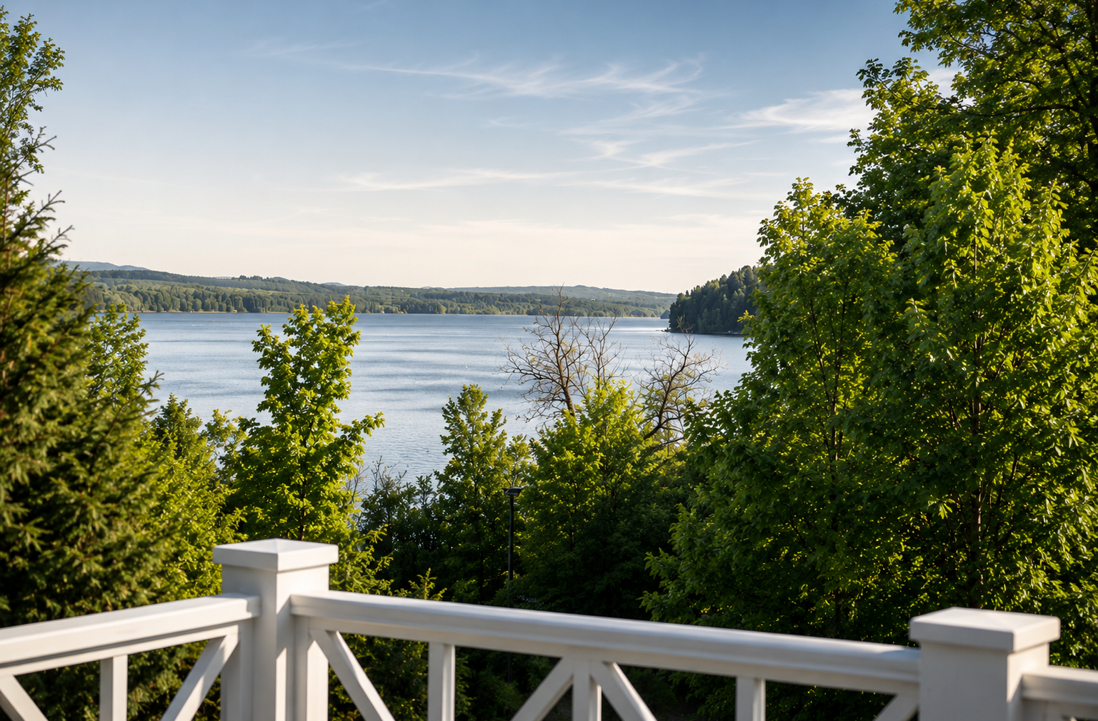 Balcon privé avec vue sur le lac Massawippi, entouré de nature.