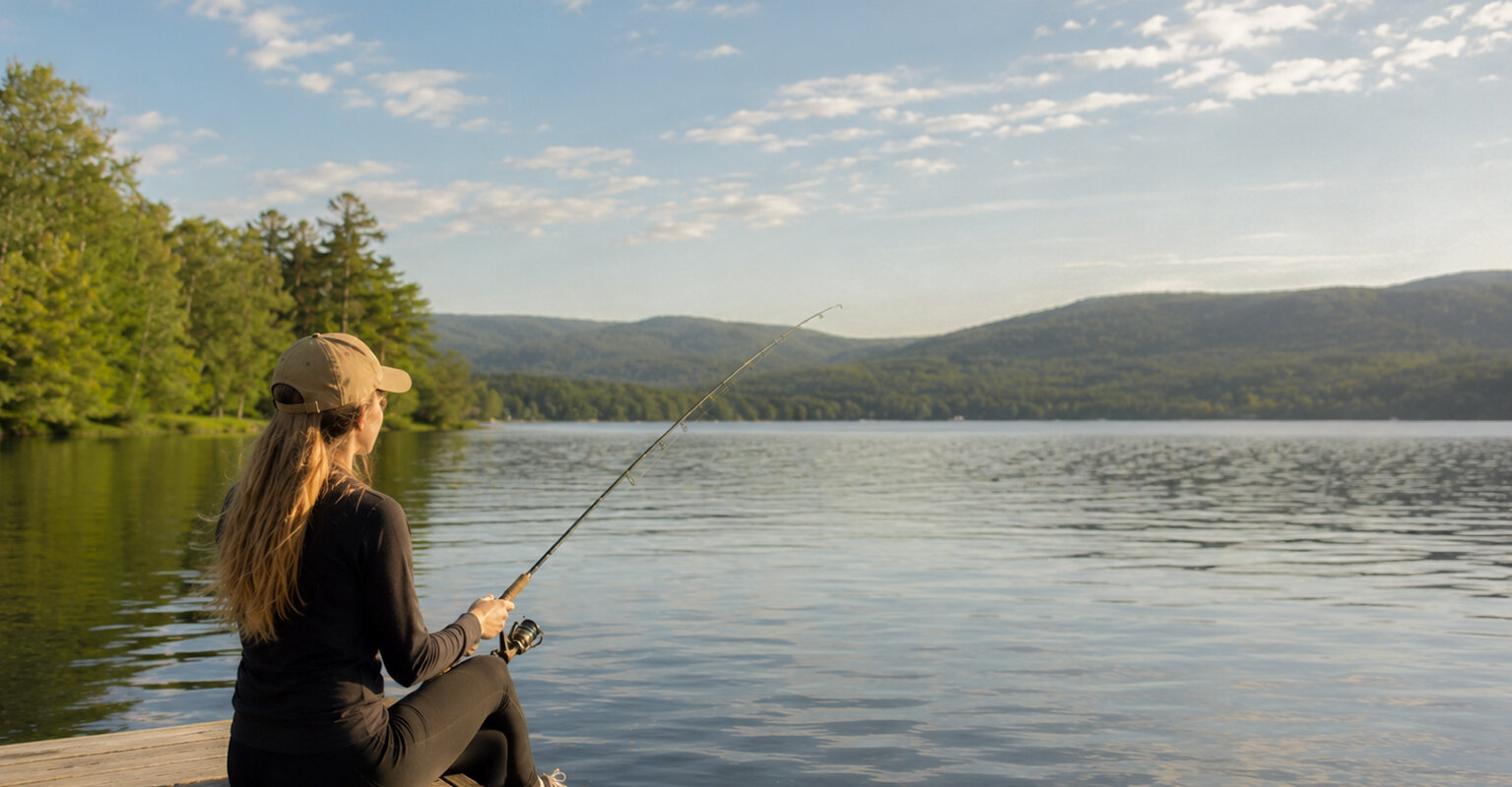 A woman enjoys a peaceful fishing experience from a wooden dock overlooking a serene mountain lake surrounded by lush forests and rolling hills.