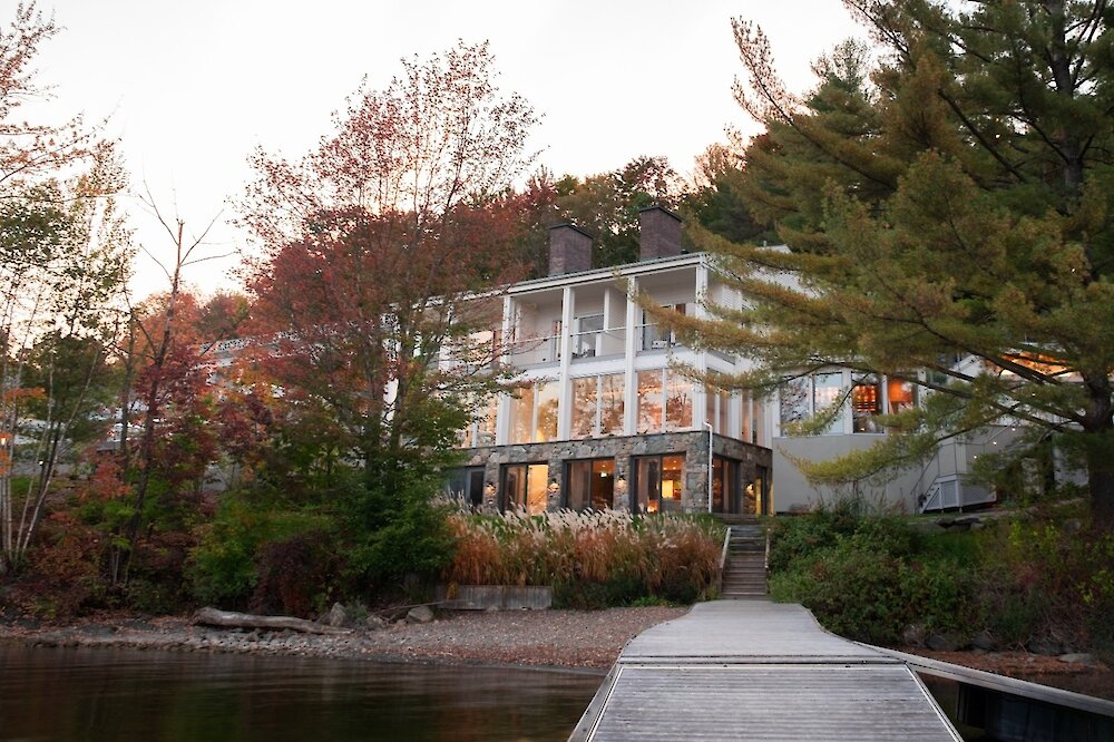 A spa building on the lakefront