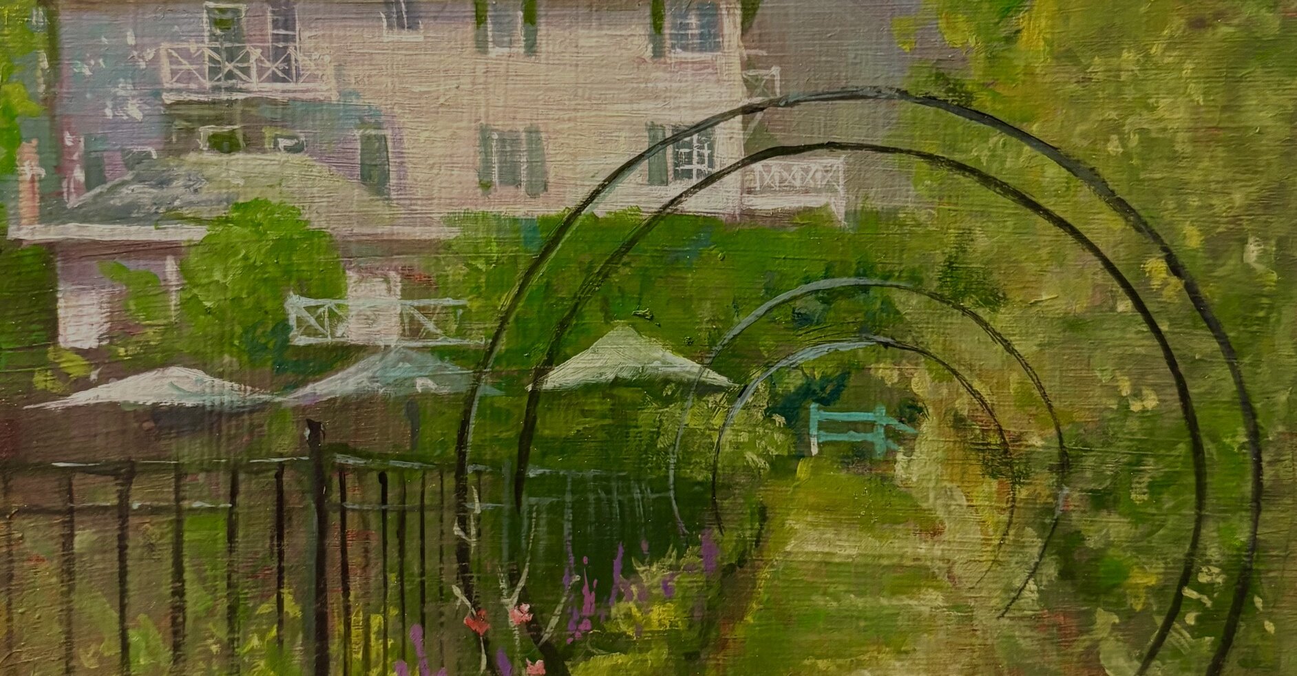 Une élégante demeure blanche entourée d'un jardin luxuriant, peinte dans un style impressionniste.