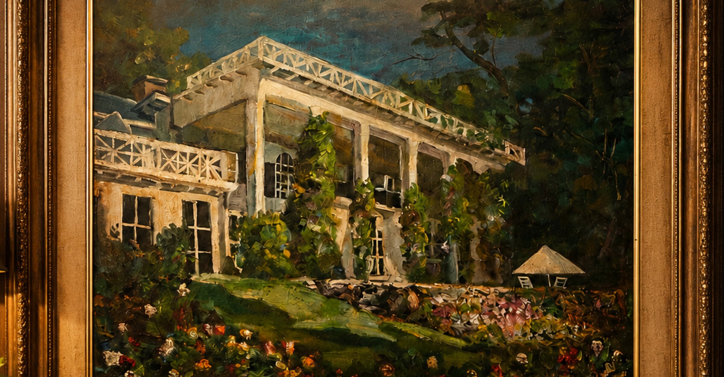 Une élégante demeure blanche entourée d'un jardin luxuriant, peinte dans un style impressionniste.