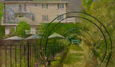An elegant white manor surrounded by lush gardens, painted in an impressionistic style.