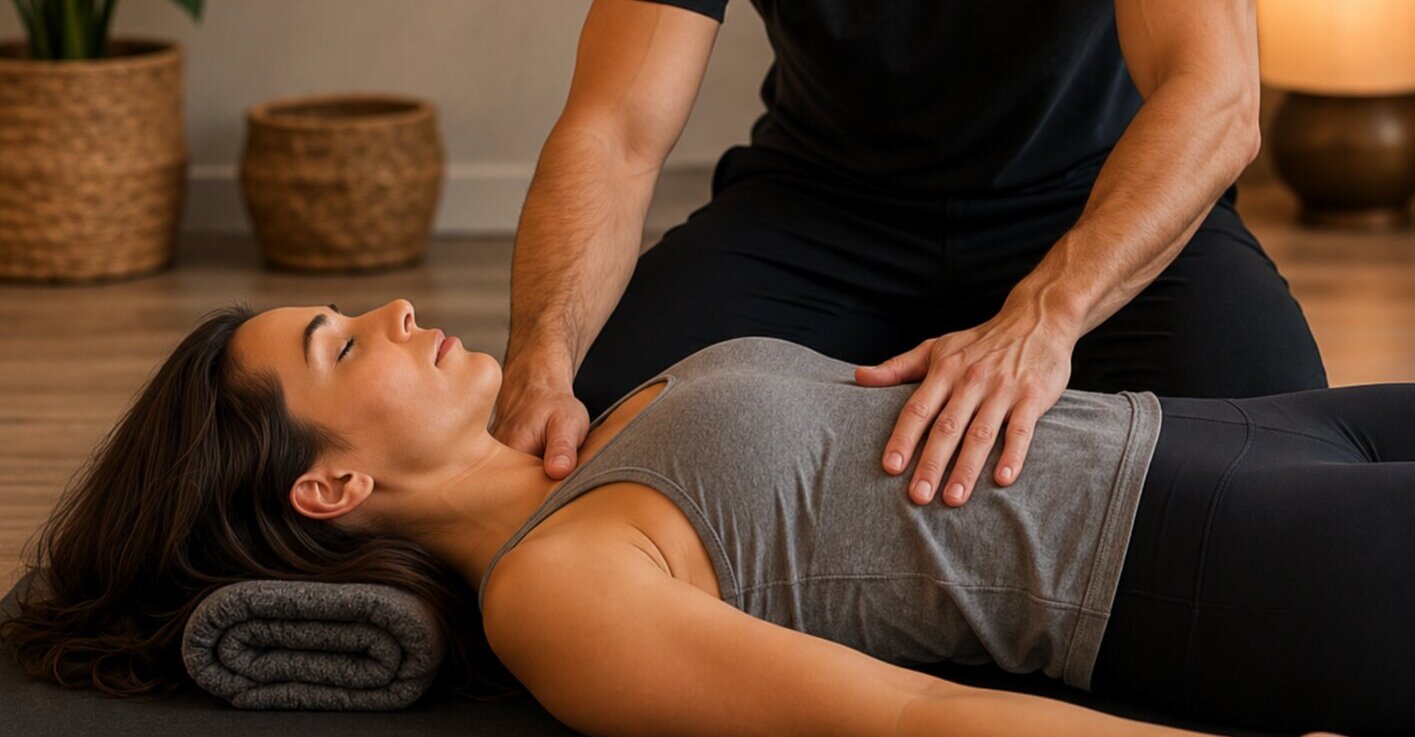 A therapeutic wellness session in a tranquil studio.