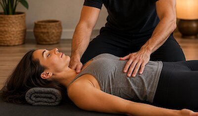 A therapeutic wellness session in a tranquil studio.
