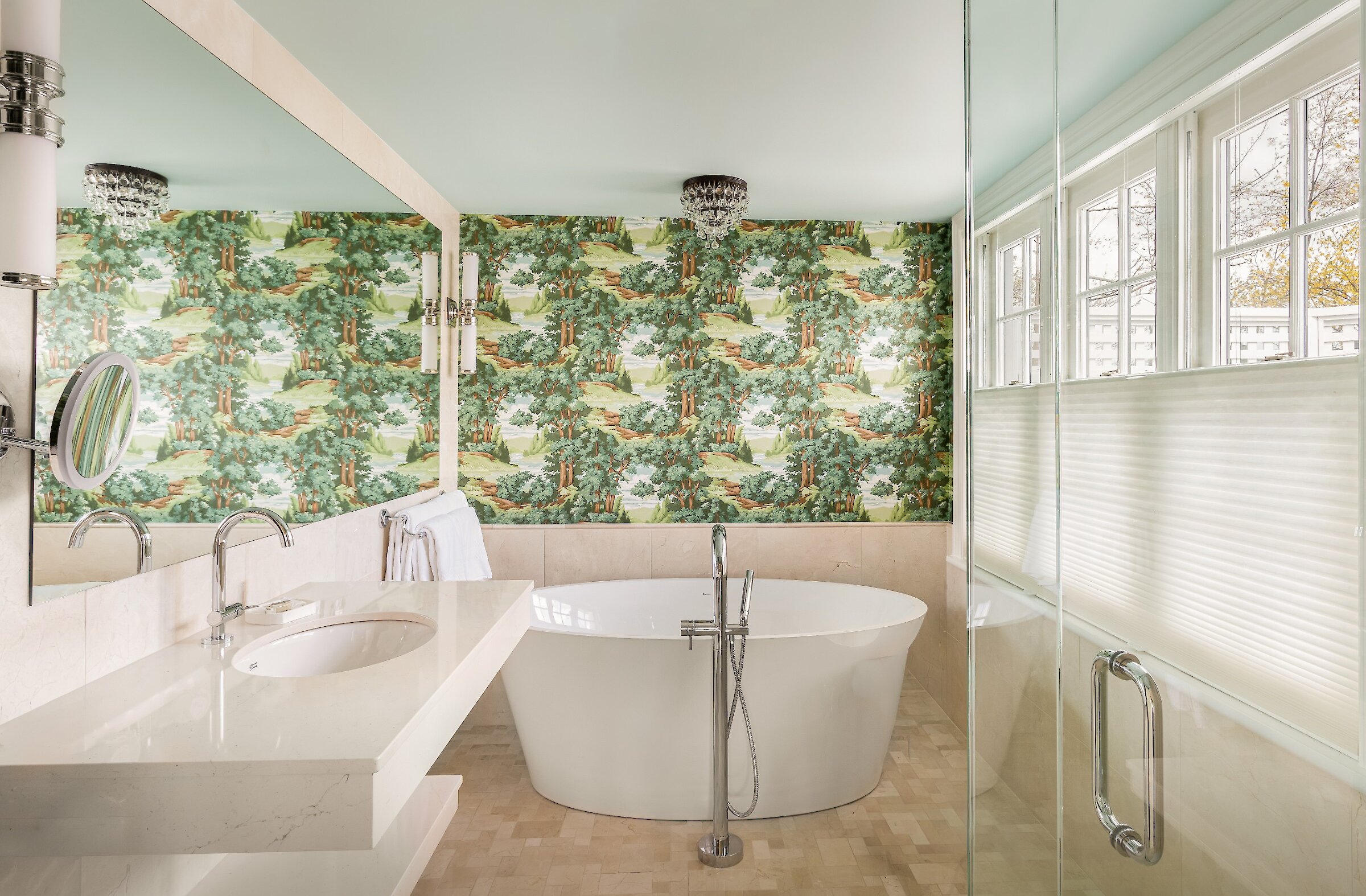 Salle de bain avec baignoire autoportante et douche vitrée.