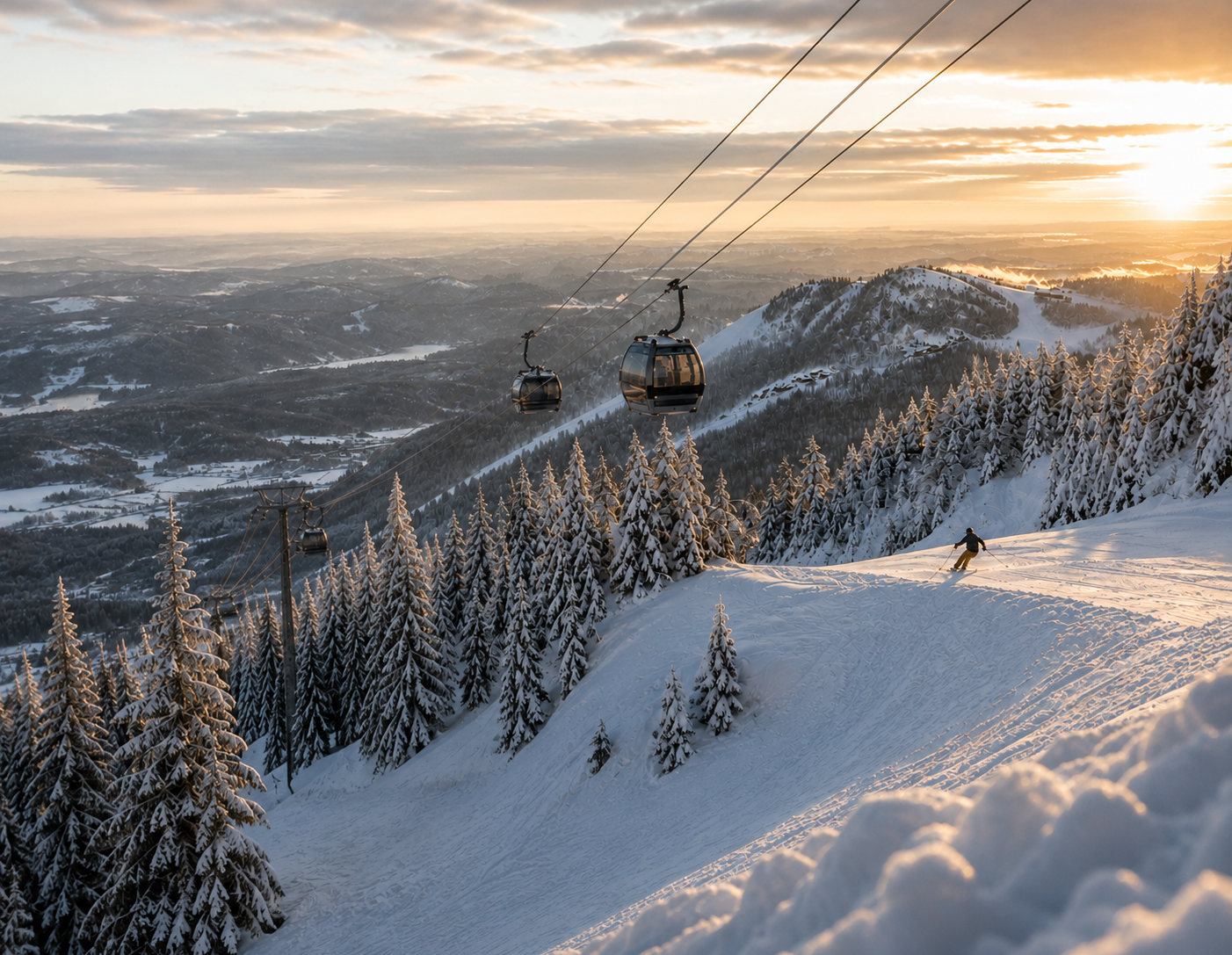Panoramic winter mountain landscape with snow-covered ski slopes, gondolas and a skier at golden hour.
