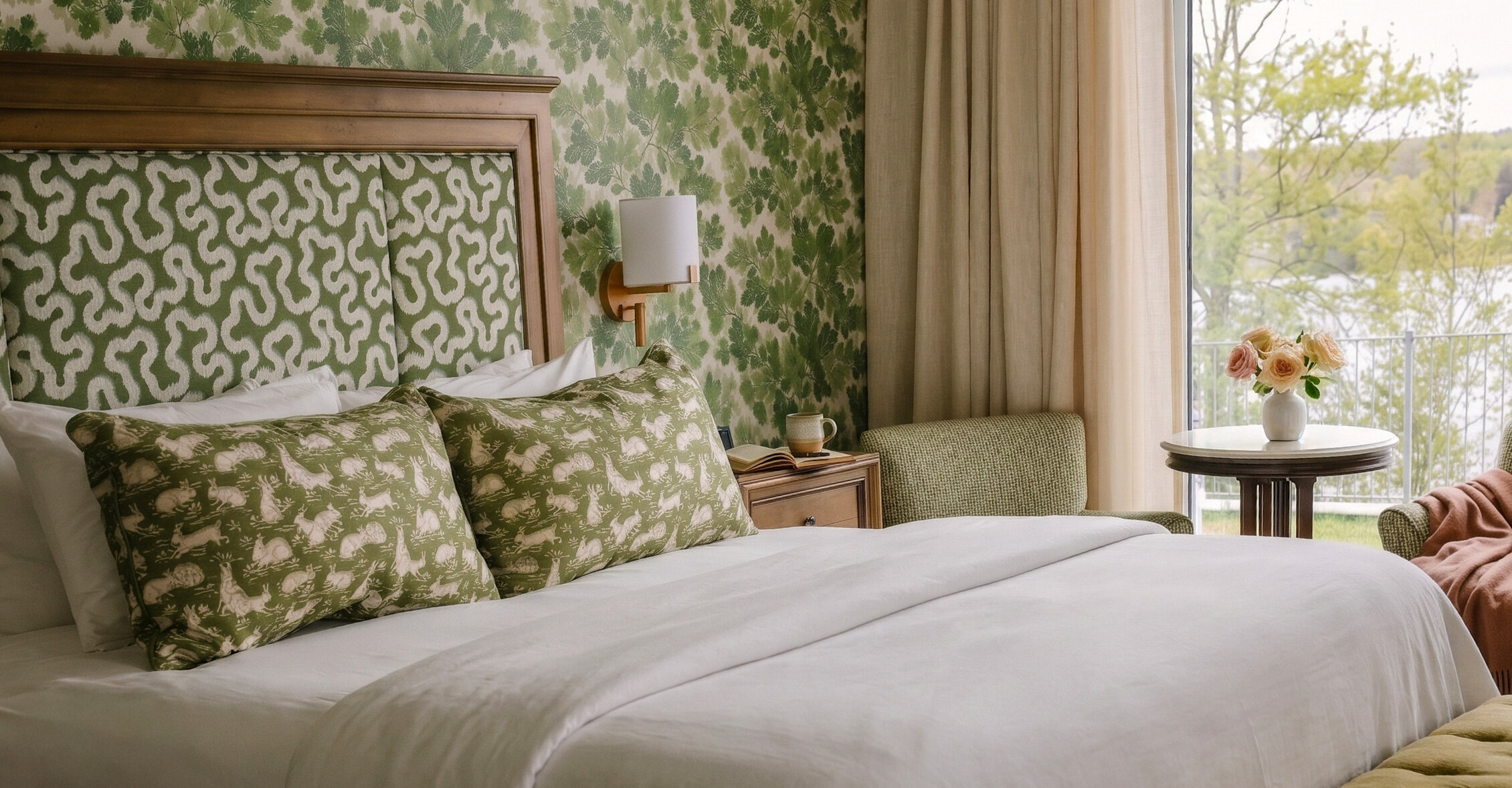 Elegant guest room featuring layered green botanical patterns, warm wood accents, and serene lake views for a refined countryside retreat.