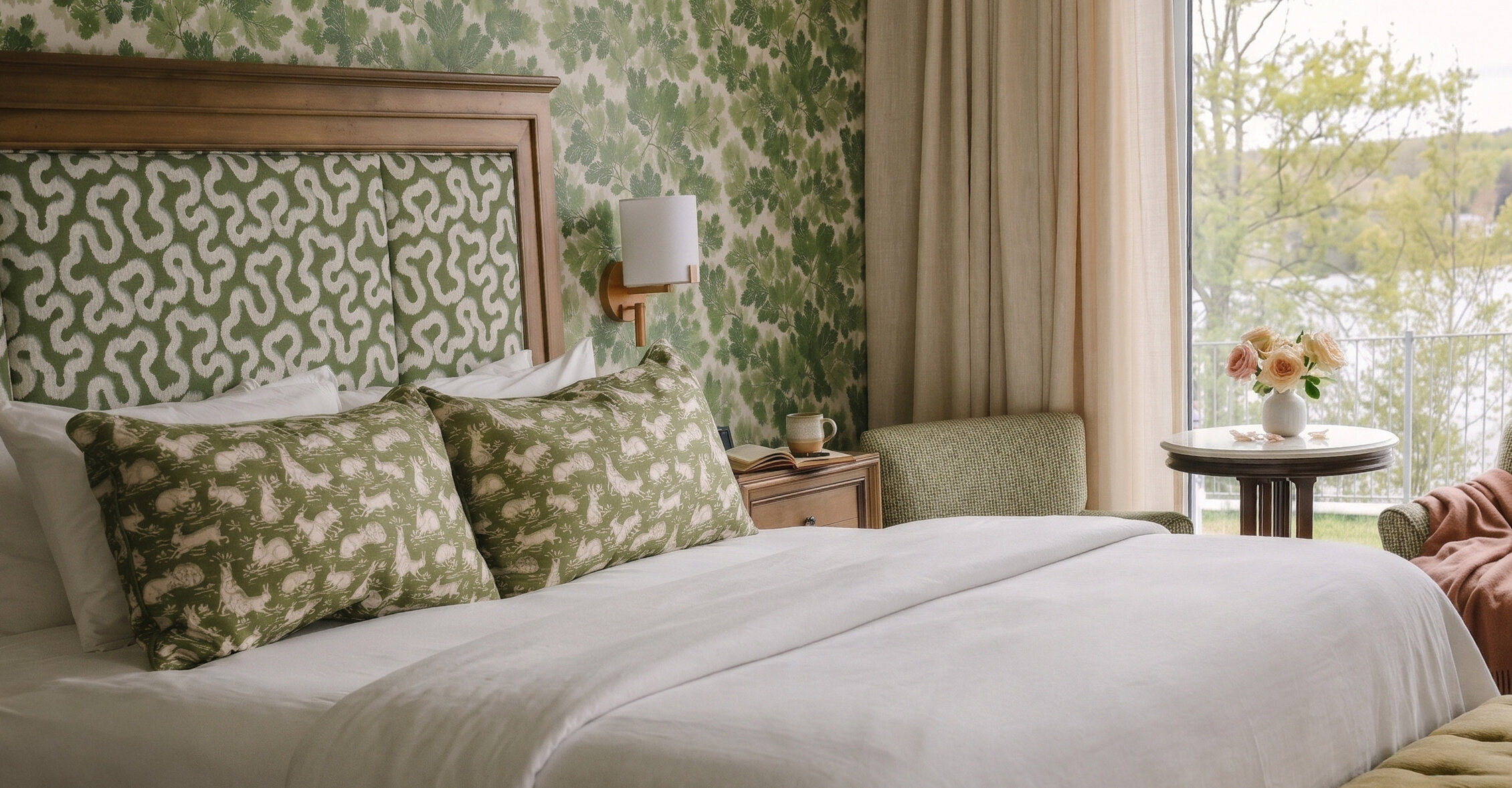 Chambre élégante aux motifs botaniques verts, avec accents de bois chaleureux et vue apaisante sur le lac, offrant une retraite champêtre raffinée.