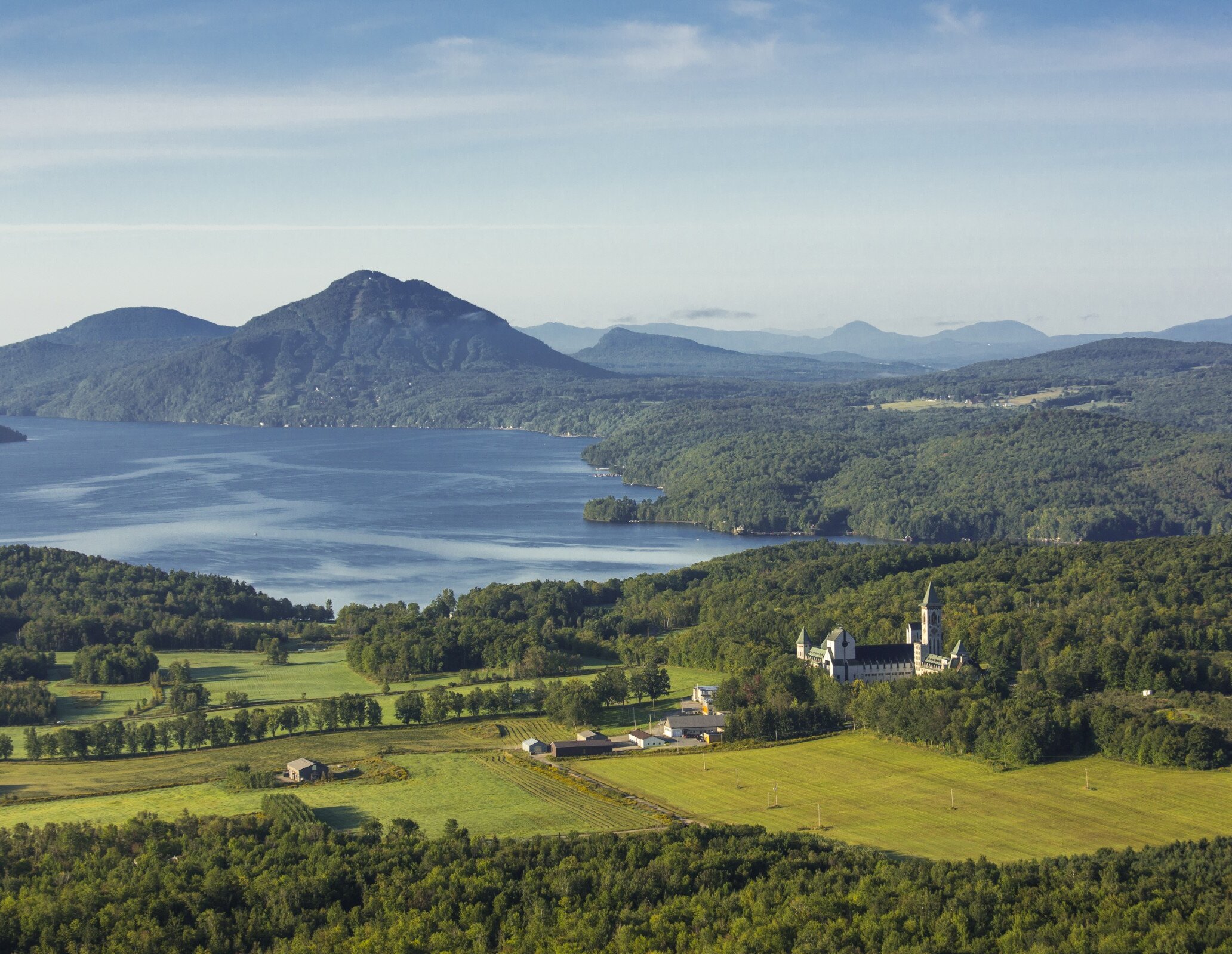 Aerial view of the Eastern Townships with hills and forests