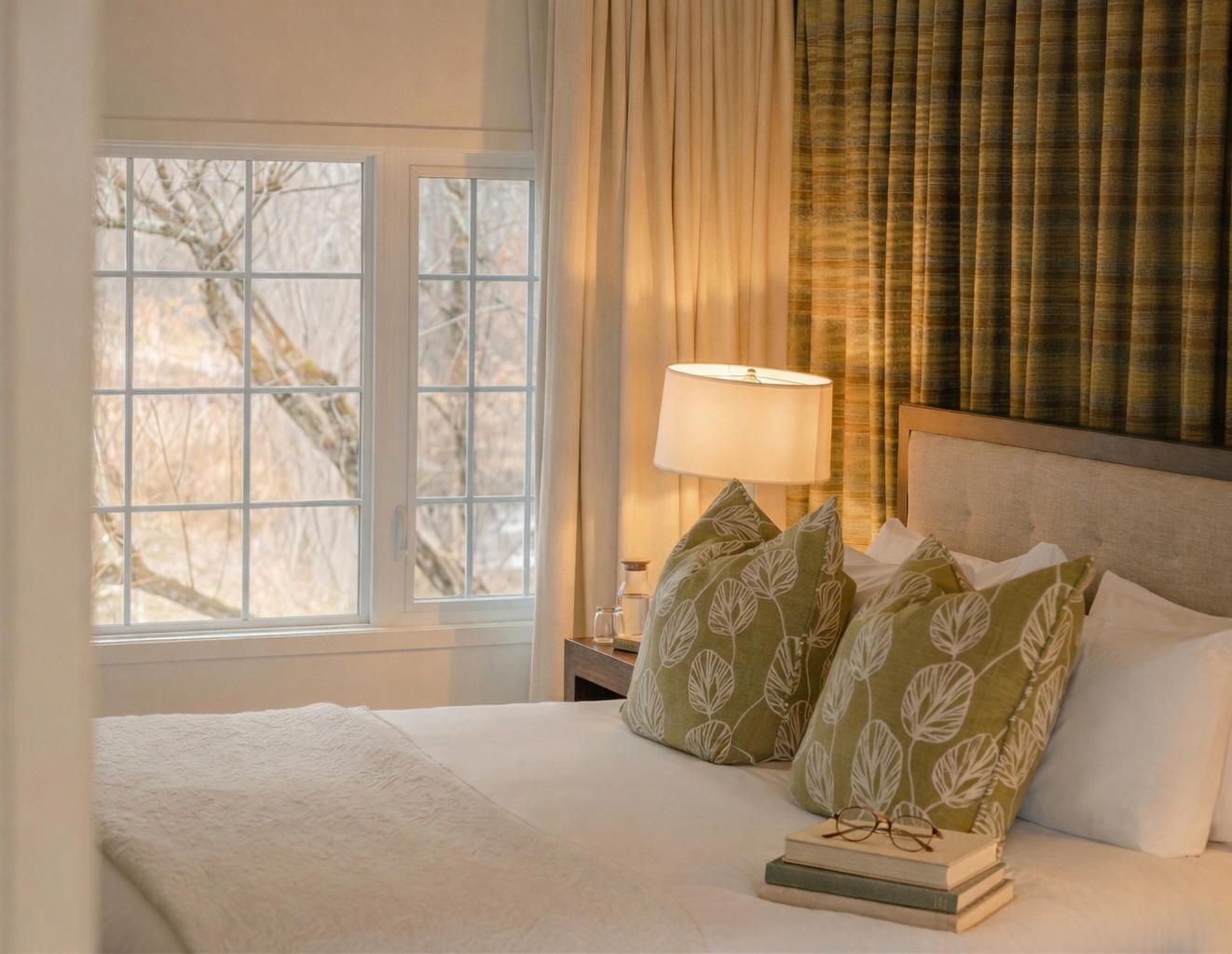 Chambre élégante et lumineuse avec vue sur la nature, alliant confort et sérénité.