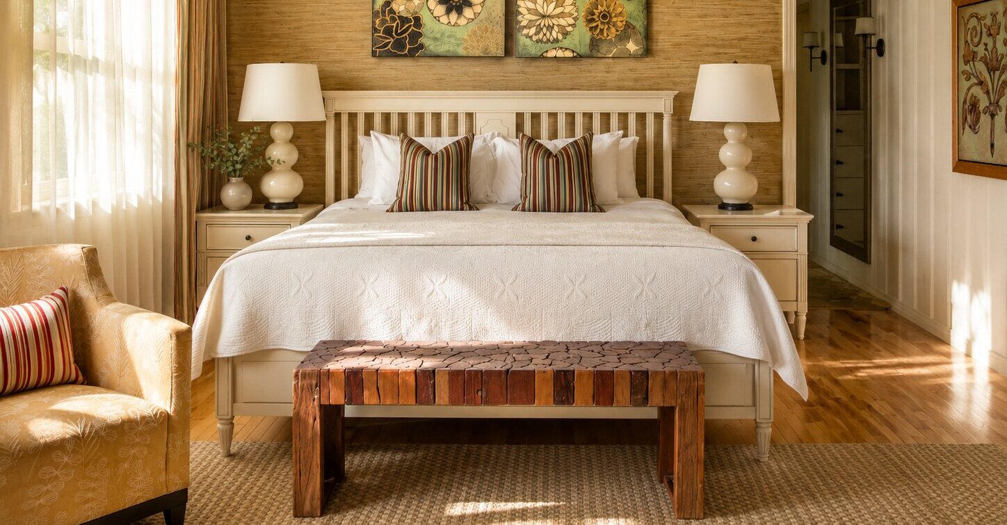 Une chambre spacieuse et élégamment aménagée, aux teintes naturelles et au mobilier raffiné, baignée de lumière et conçue pour offrir confort et sérénité.