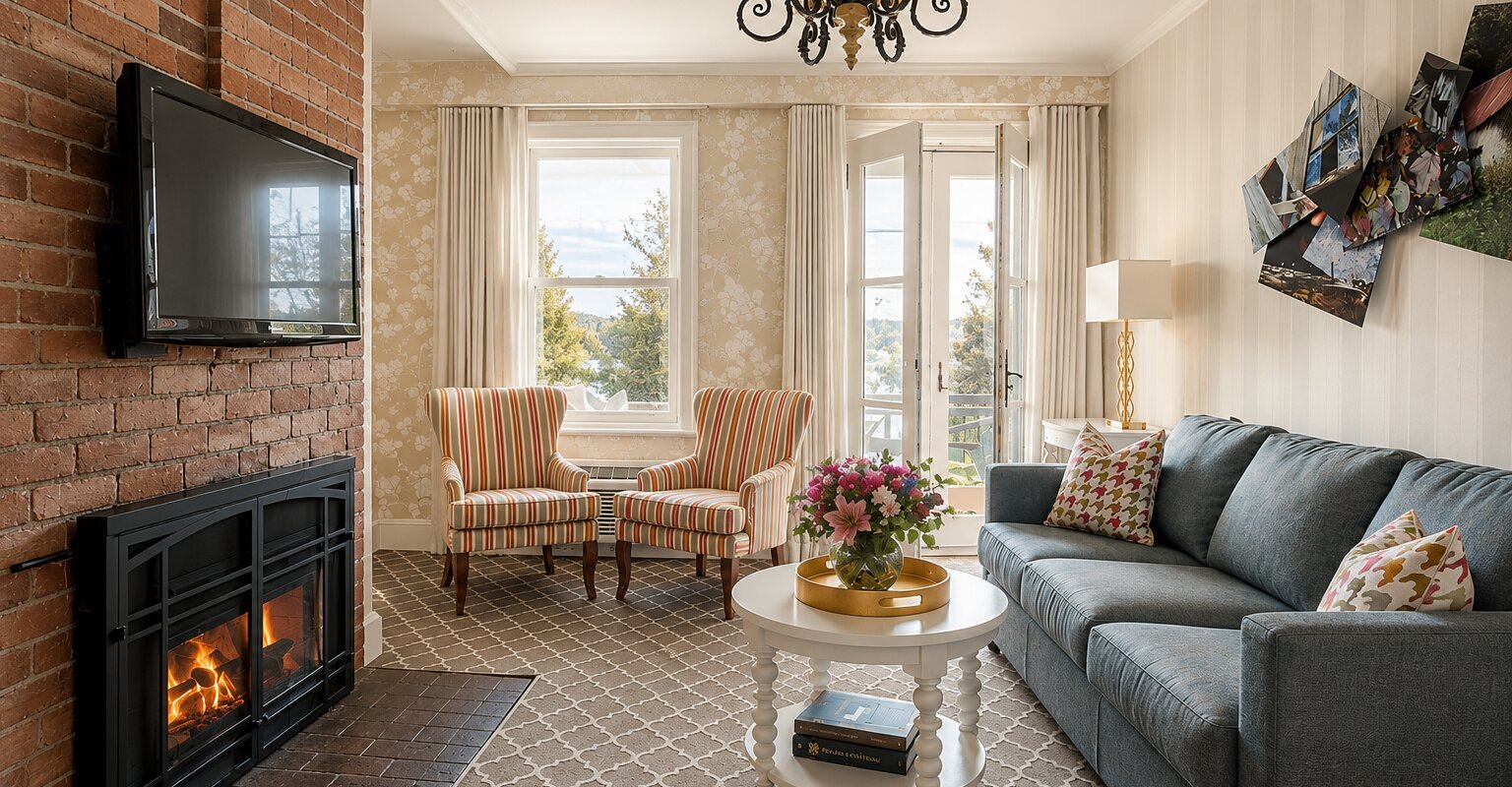 Un salon élégant et chaleureux avec un foyer en brique, une abondante lumière naturelle et une décoration intemporelle offrant une magnifique vue sur le paysage environnant.