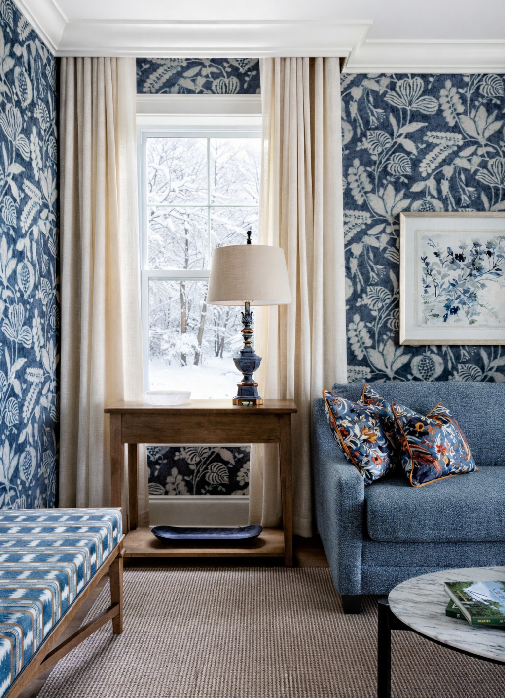 Elegant guest room sitting area with blue floral wallpaper, upholstered armchair, and window overlooking snowy trees.
