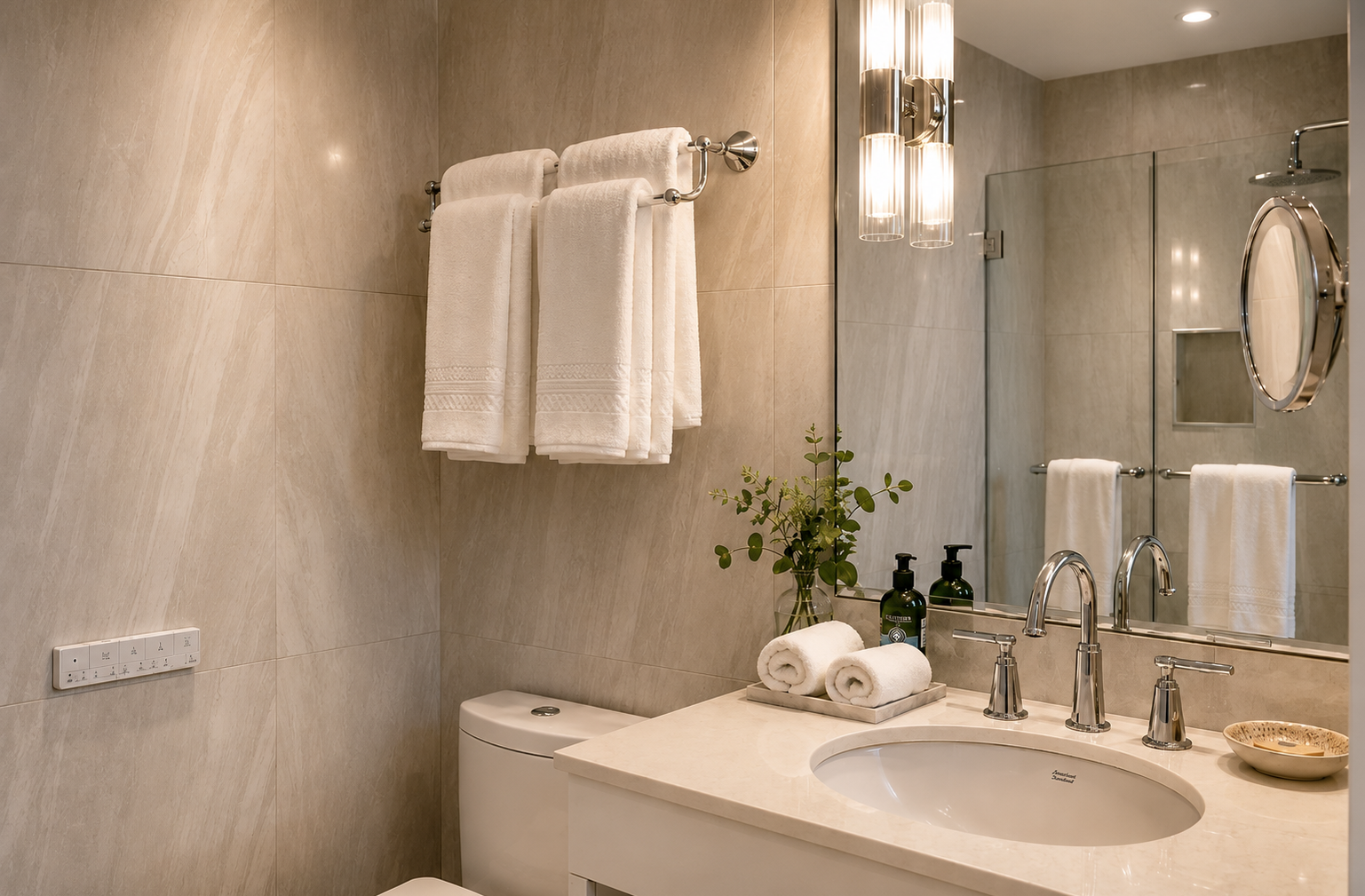 Salle de bain contemporaine en marbre avec douche vitrée et finitions raffinées.