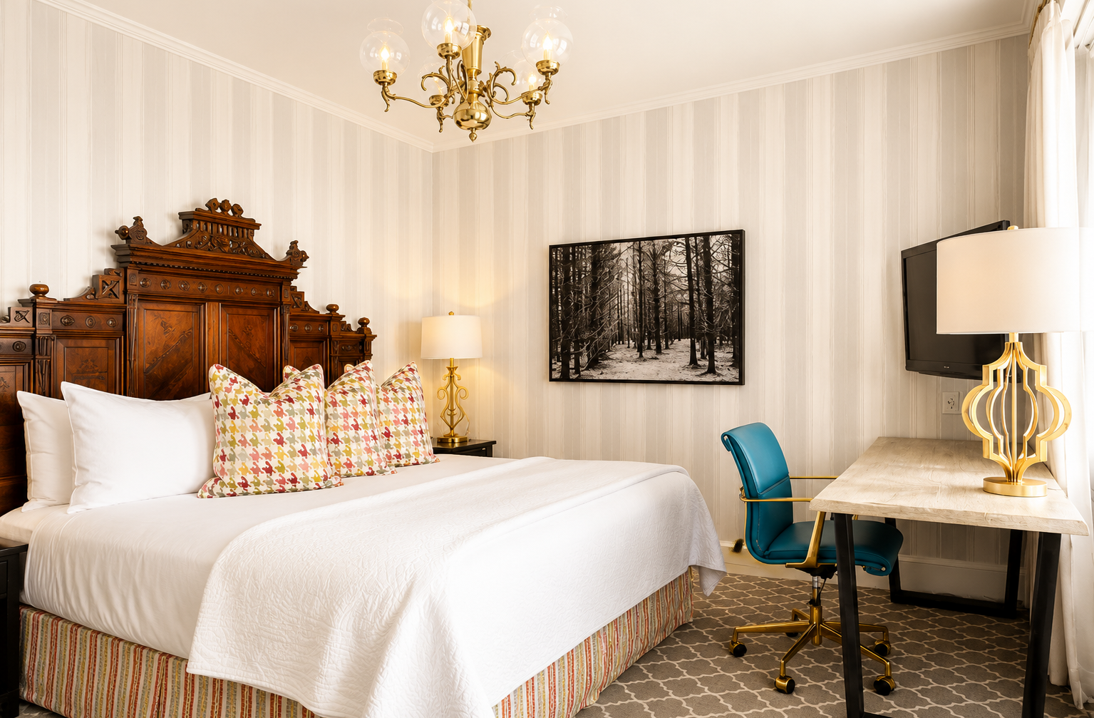 Une chambre lumineuse et élégante mettant en valeur un magnifique lit patrimonial sculpté, un mobilier raffiné et un espace de travail confortable, alliant charme intemporel et confort moderne.