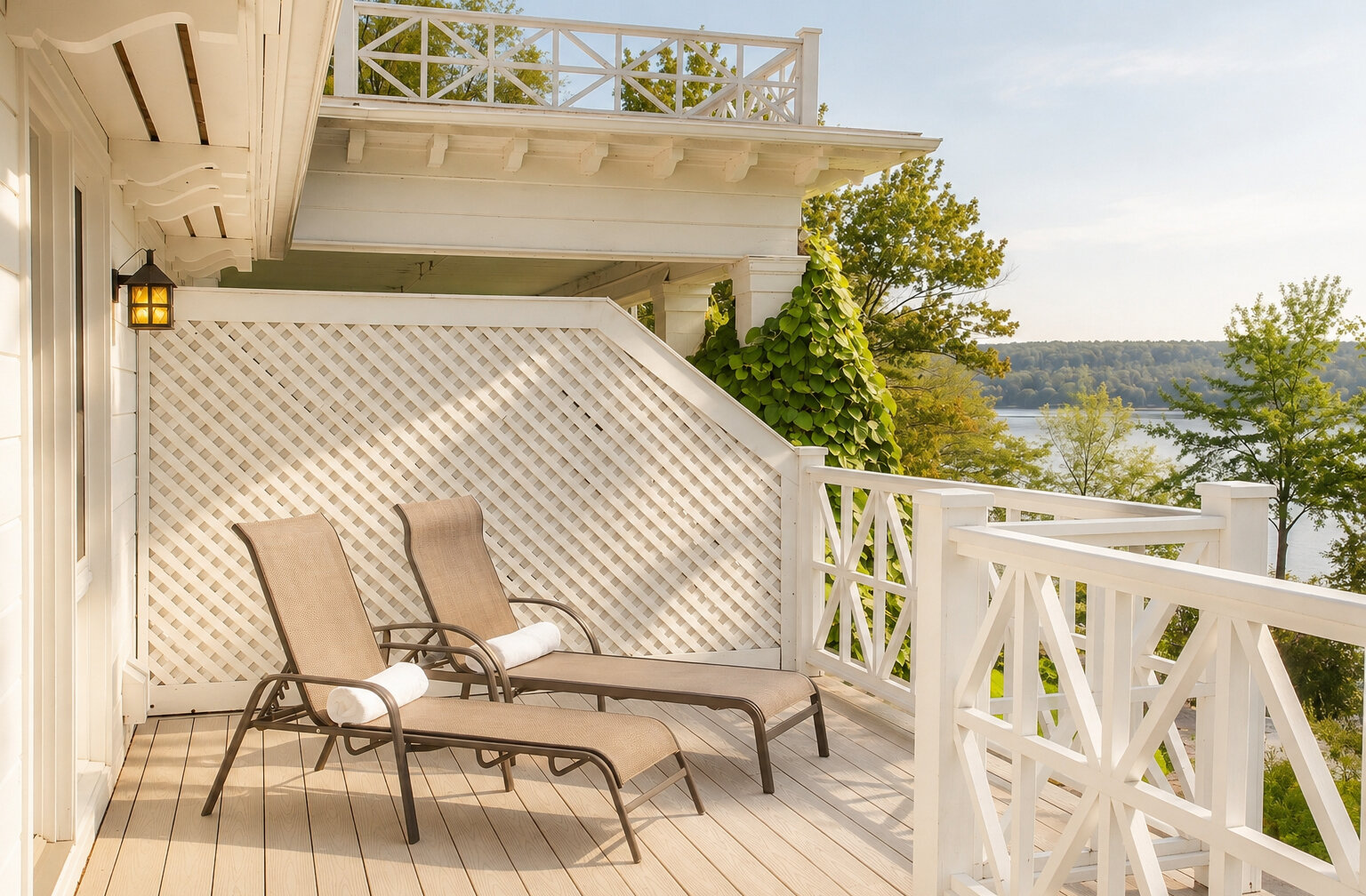 Deux chaises longues sur le balcon avec vue sur le lac