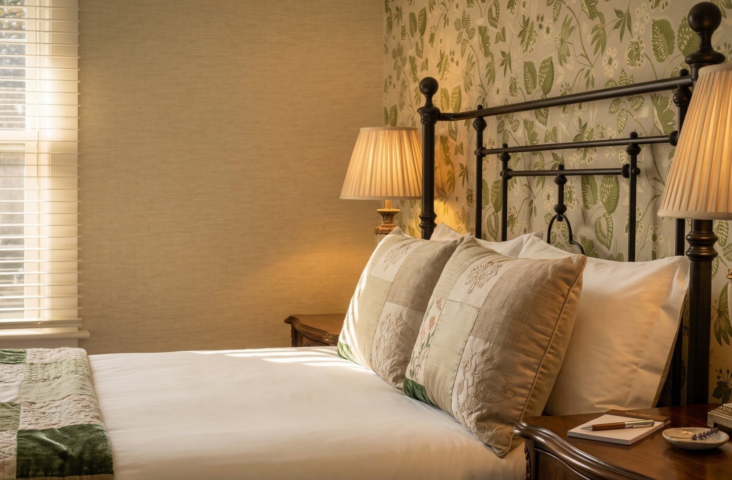 Chambre élégante avec literie blanche, papier peint floral et éclairage chaleureux.