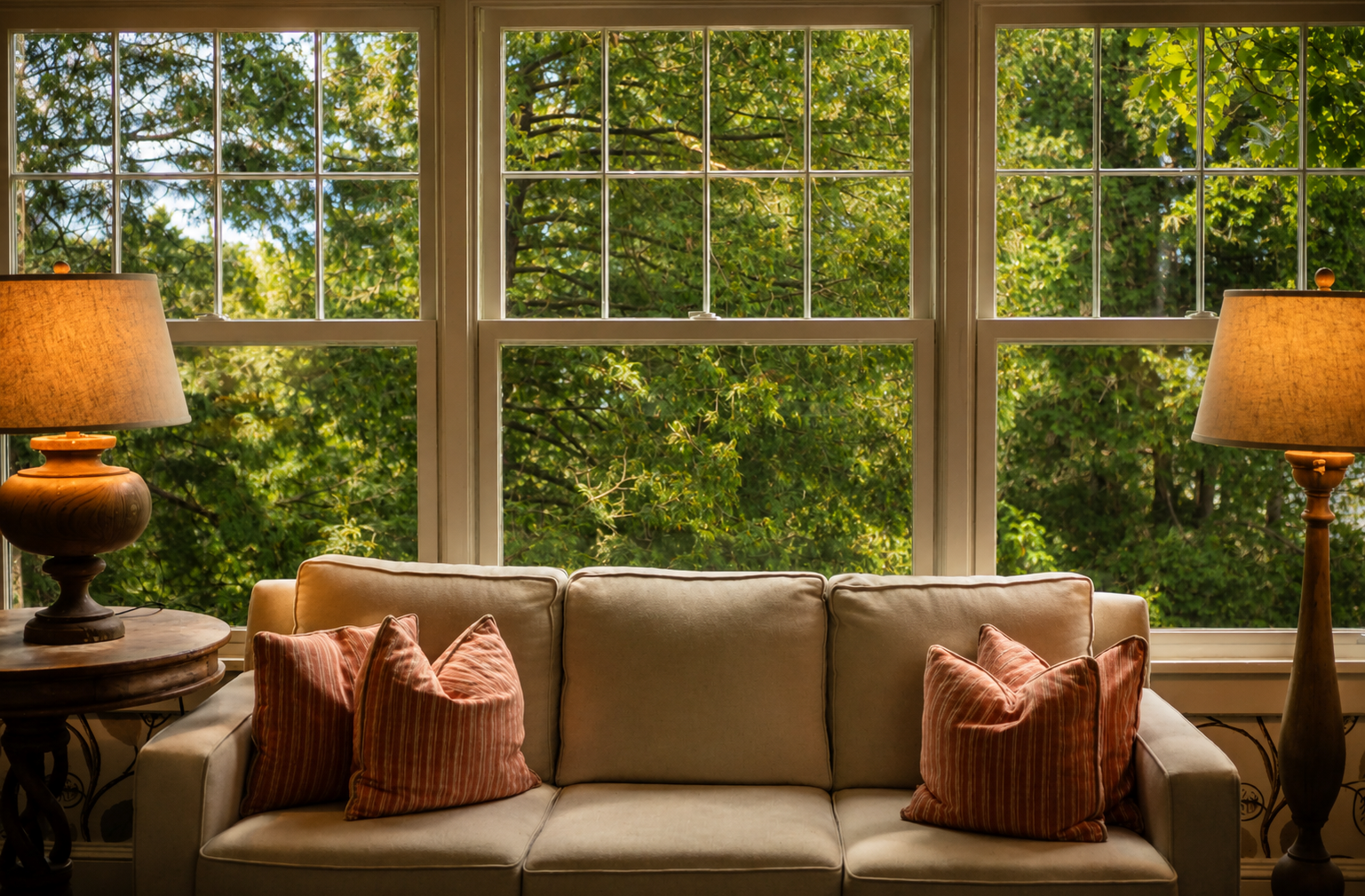 Sofa with cushions, lamp, and window with natural light.