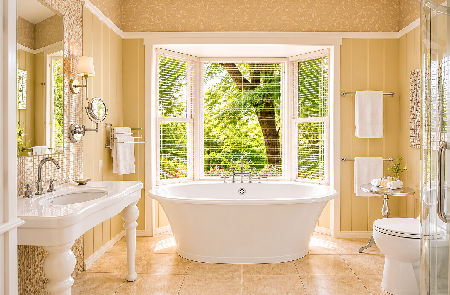 Salle de bain élégante avec baignoire et vue sur les jardins.