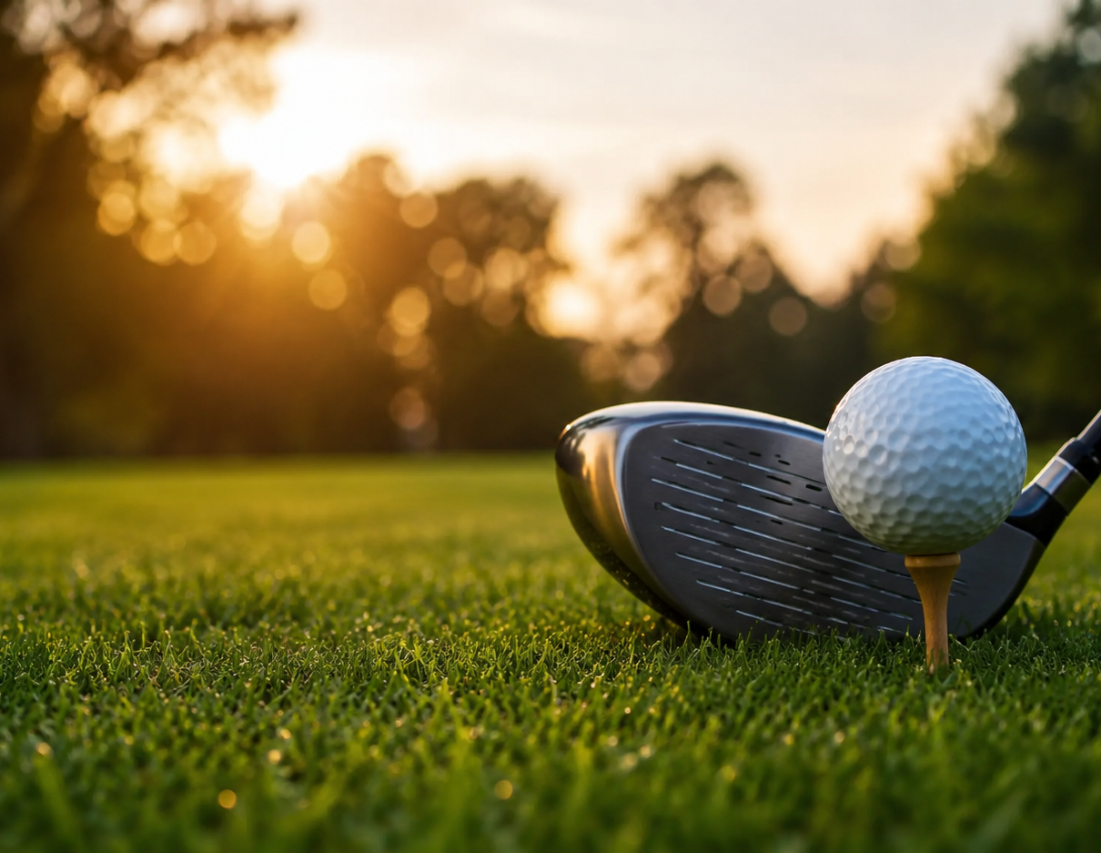 Golf ball and club on the tee, bathed in the warm golden light of late afternoon.