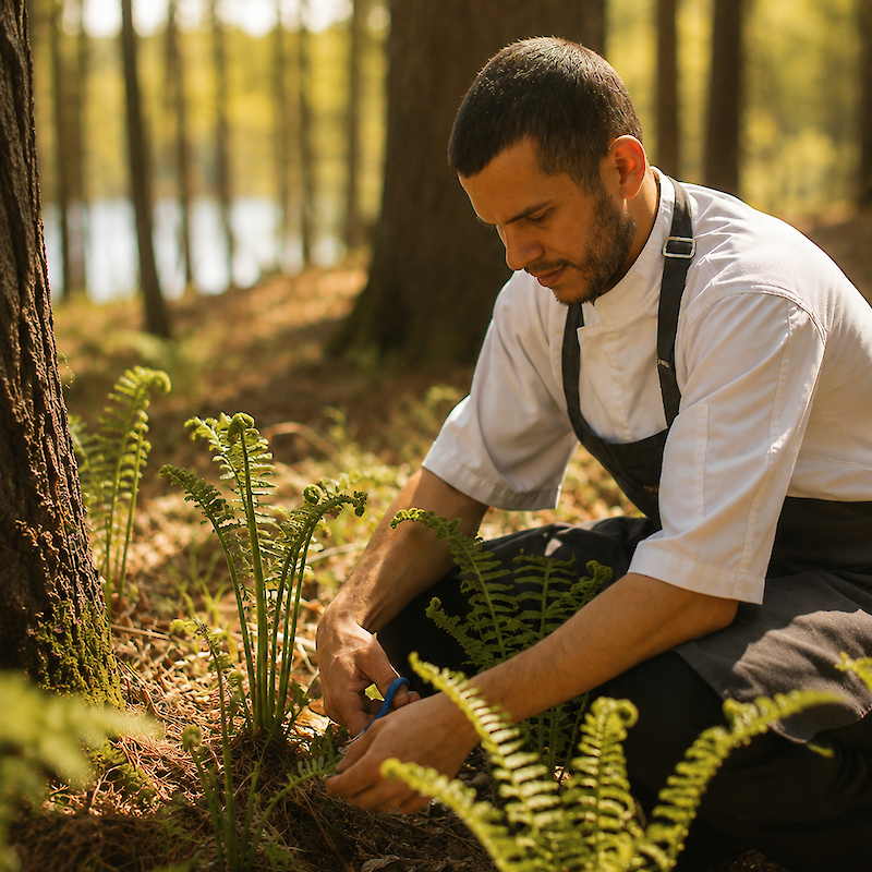 Un chef récoltant des ingrédients sauvages en forêt, illustrant un lien profond avec la nature, la saisonnalité et une cuisine durable.