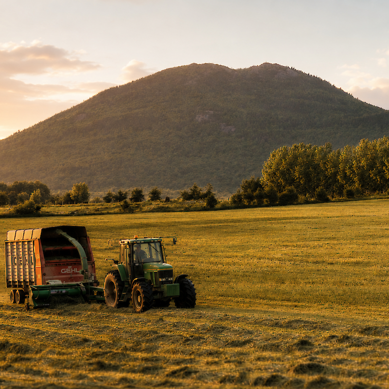 Champs vallonnés au coucher du soleil, mettant en valeur la beauté naturelle, le patrimoine agricole et la quiétude des paysages ruraux.