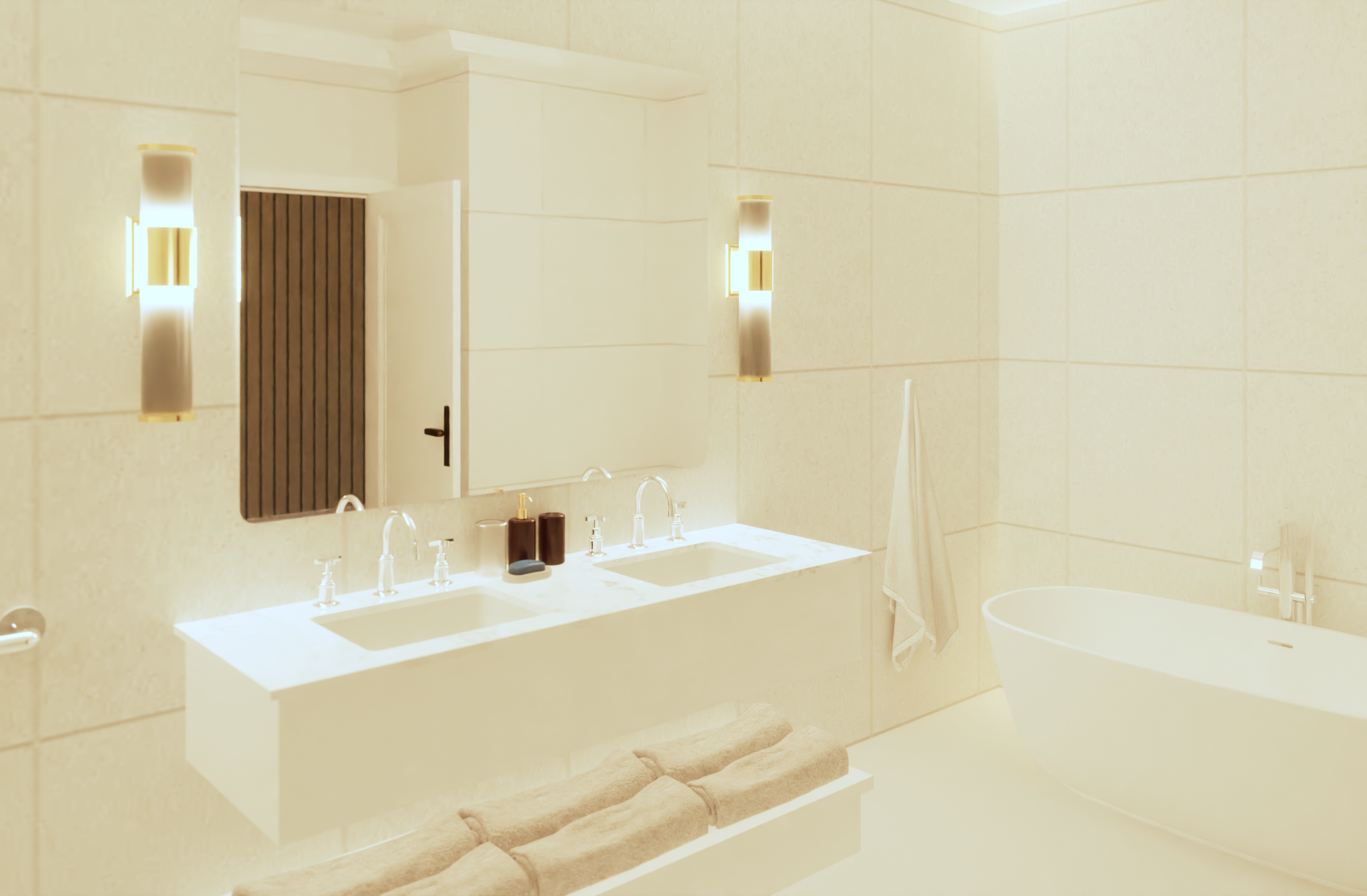 Rendu numérique d'une salle de bain en marbre