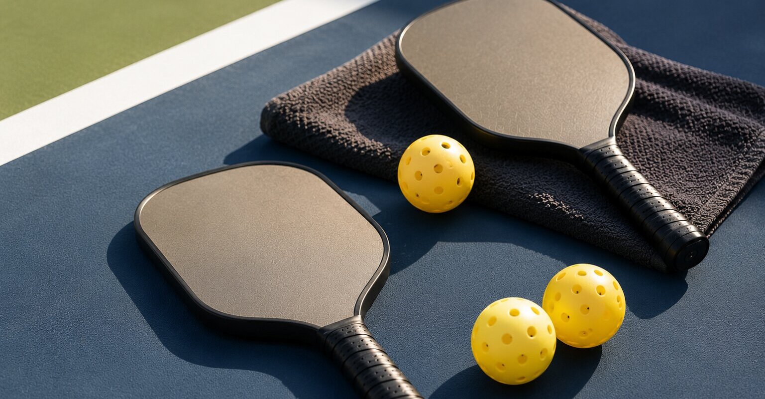 Raquettes et balles de pickleball sur un terrain extérieur, dans une ambiance sportive et élégante.