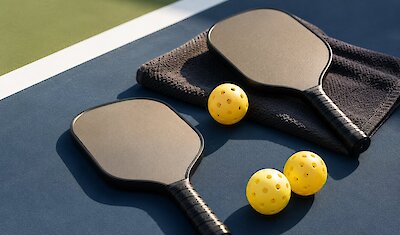 Pickleball paddles and balls on an outdoor court, creating a sleek and sporty atmosphere.