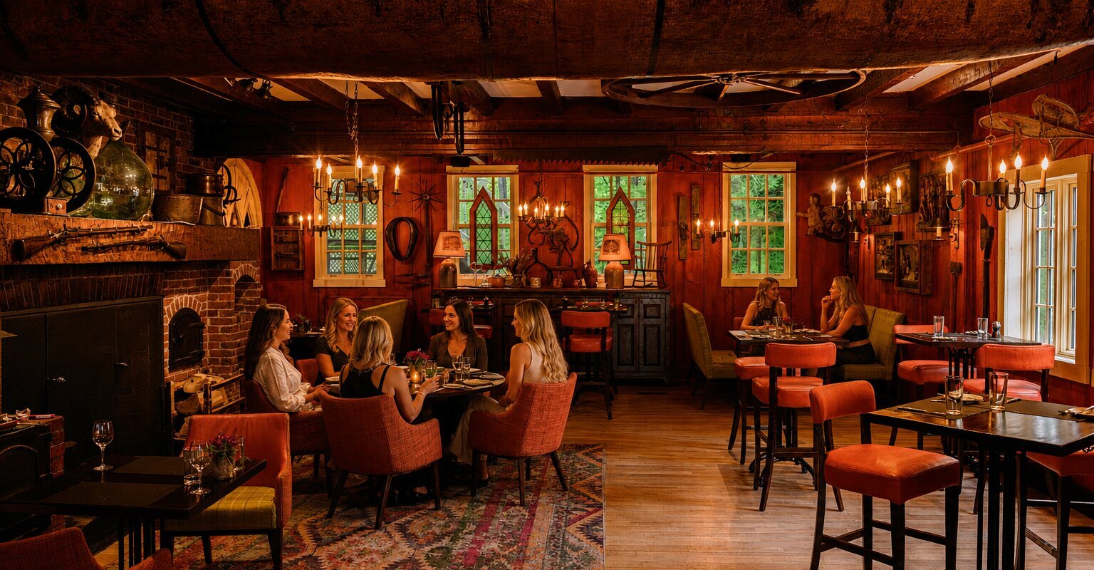 Une salle à manger rustique et chaleureuse, baignée d'une douce lumière, où les convives savourent un moment convivial dans un décor historique et raffiné.