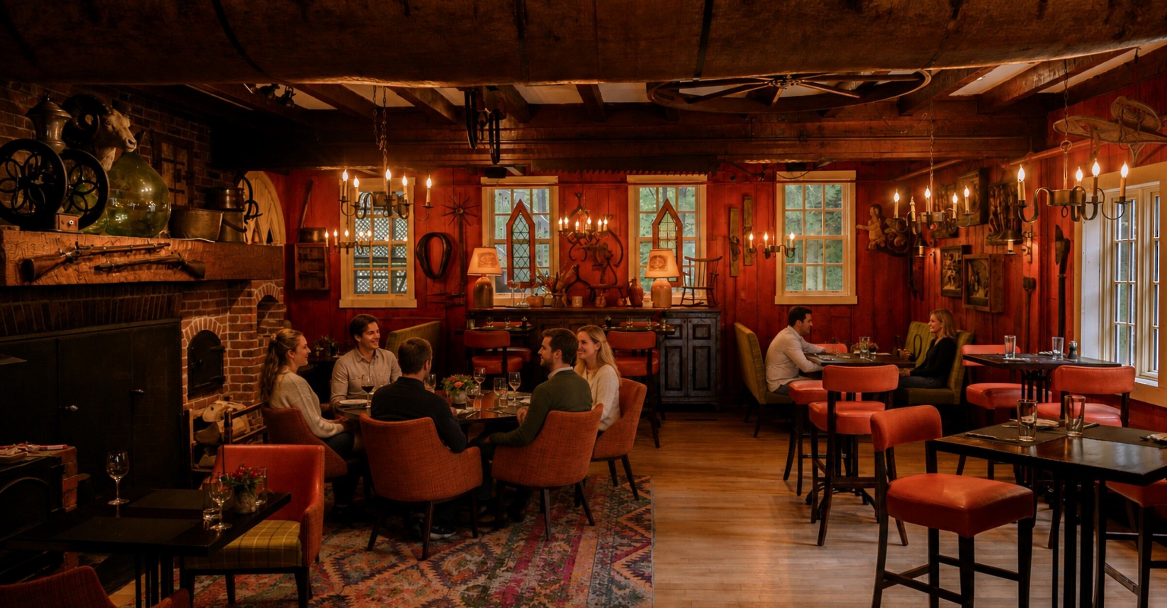 A warm, rustic tavern-style dining room glows with candlelight as elegantly dressed guests enjoy an intimate meal in a cozy, historic setting.
