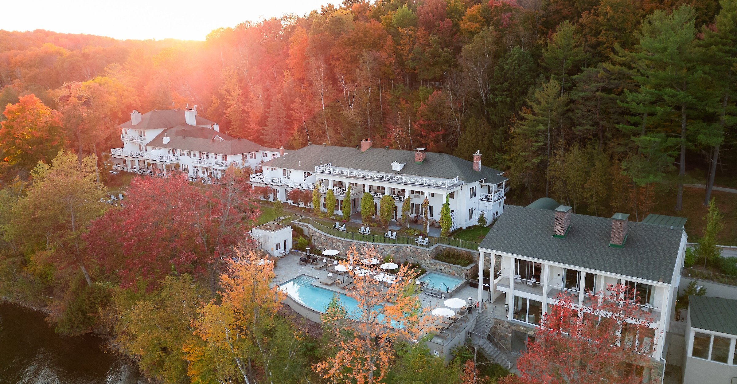 An aerial view of the Manor estate in autumn.